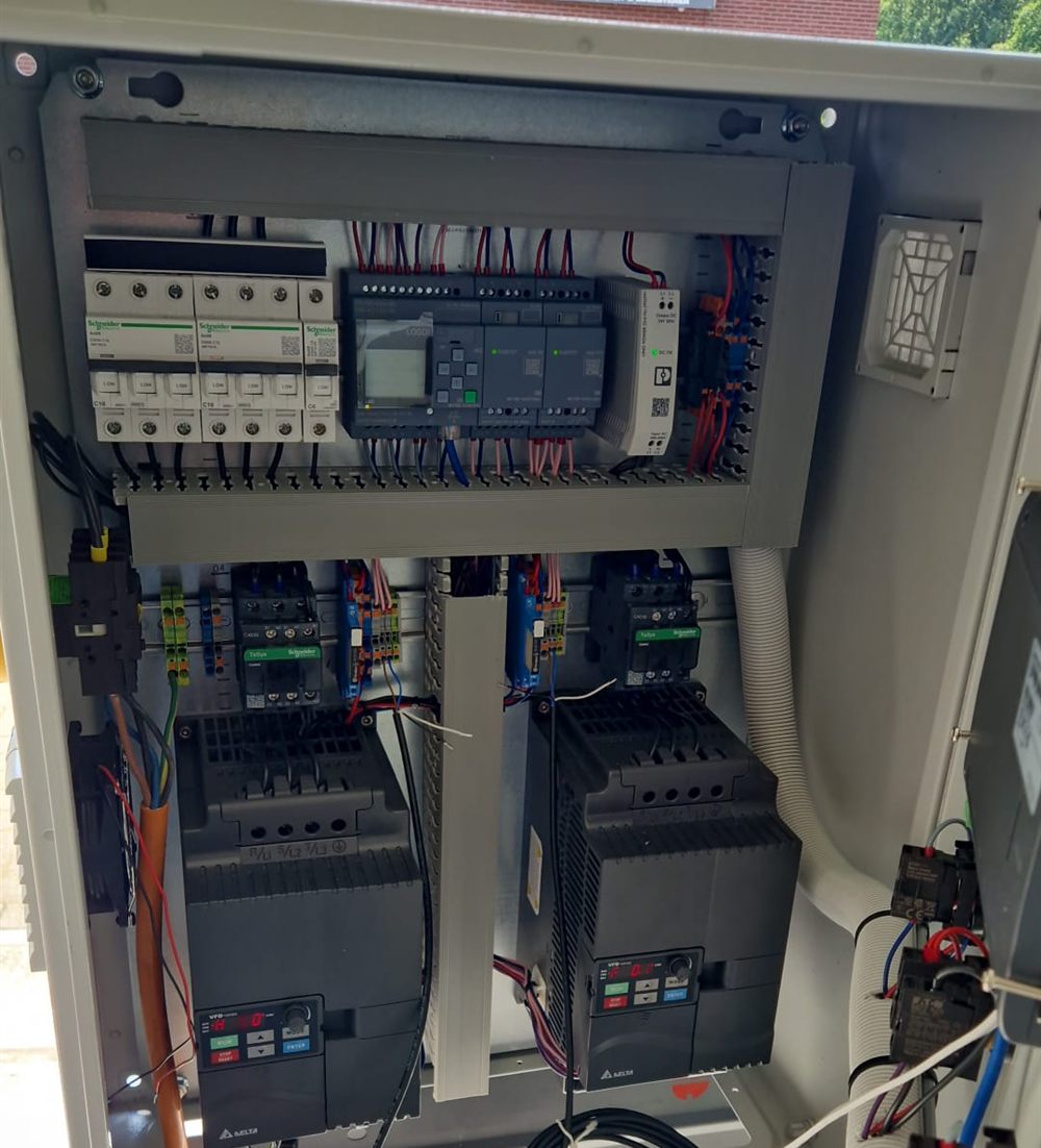 Compacte besturingskast met twee frequentieregelaars voor toerengeregelde pompaandrijving, gemonteerd op locatie