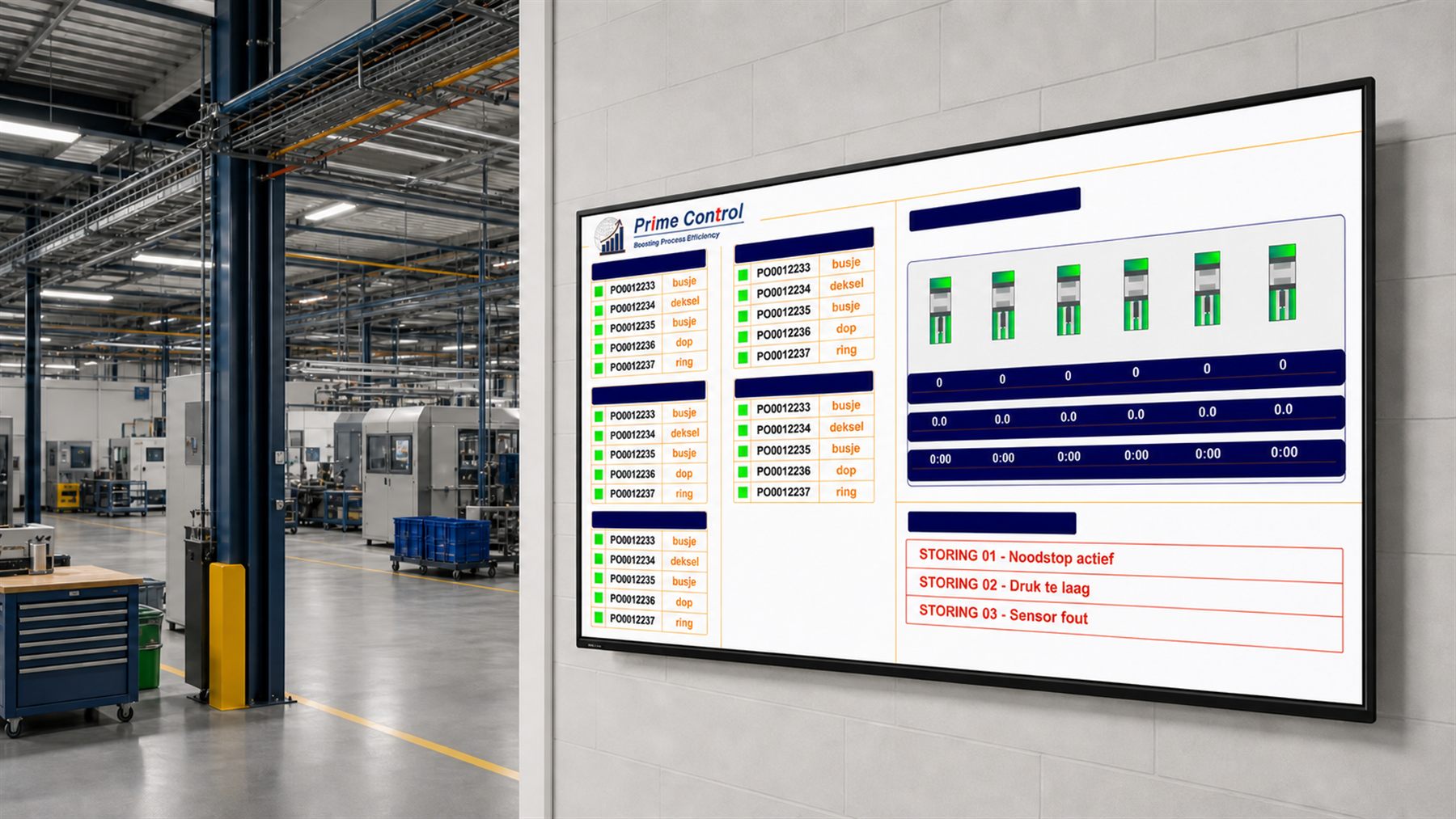 Shopfloor-display aan de wand van een productiehal met live orderstatus, machinestatus en storingsmeldingen